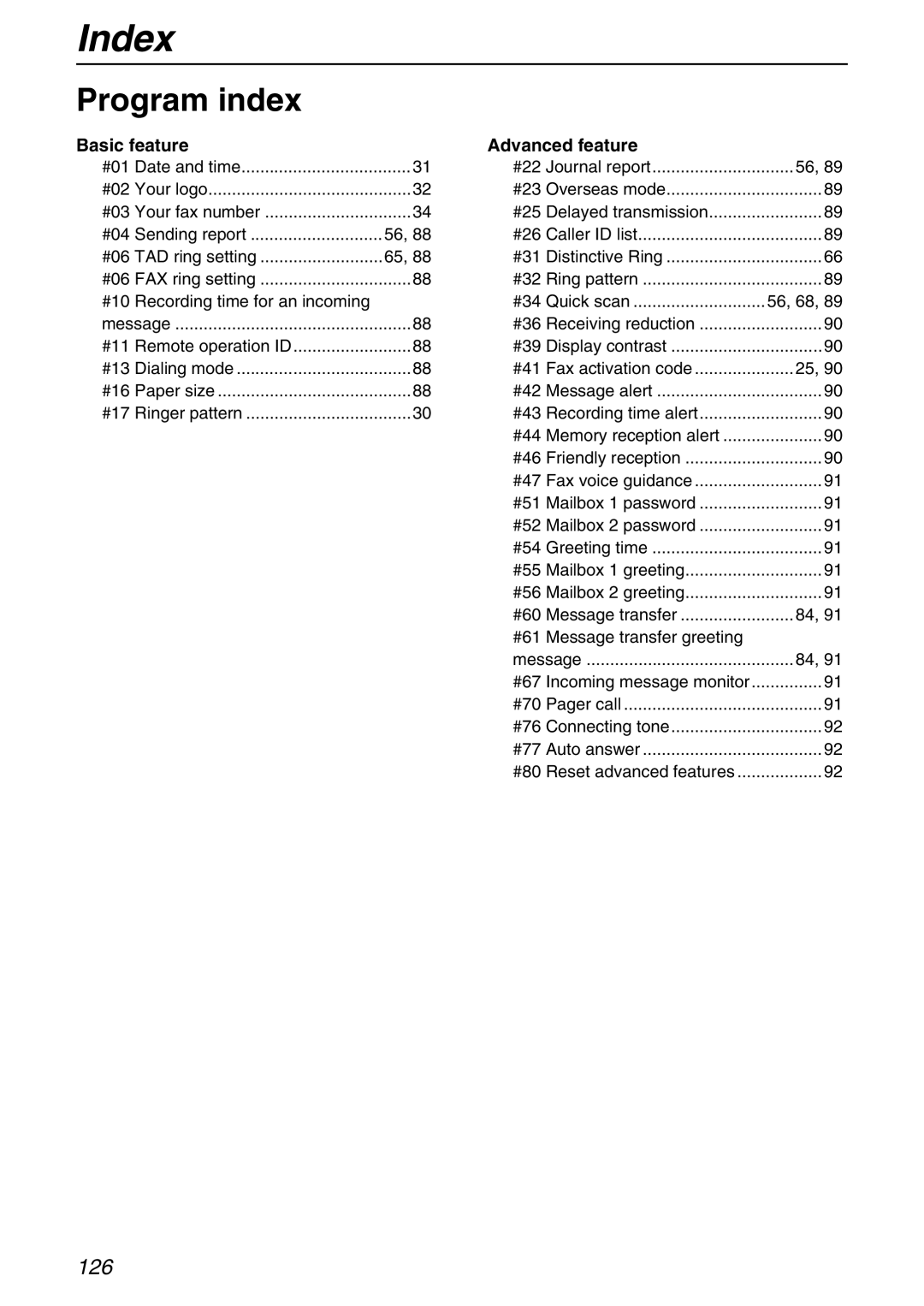 Panasonic KX-FPG371 manual Index, Program index, Basic feature, Advanced feature 