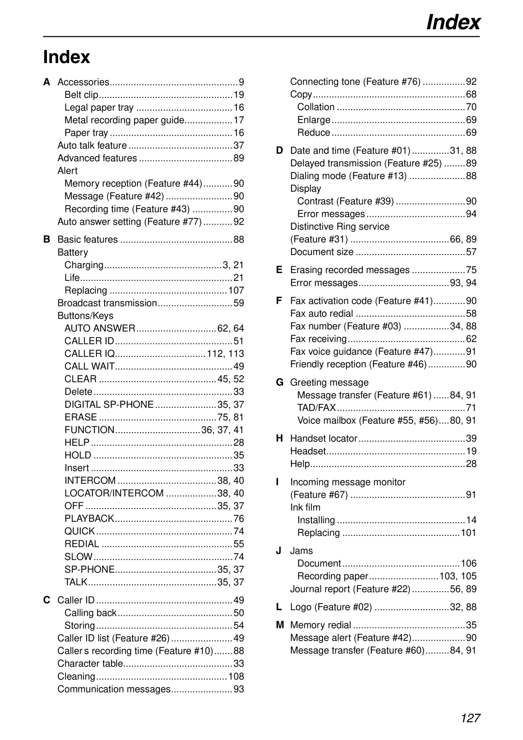 Panasonic KX-FPG371 manual Index 