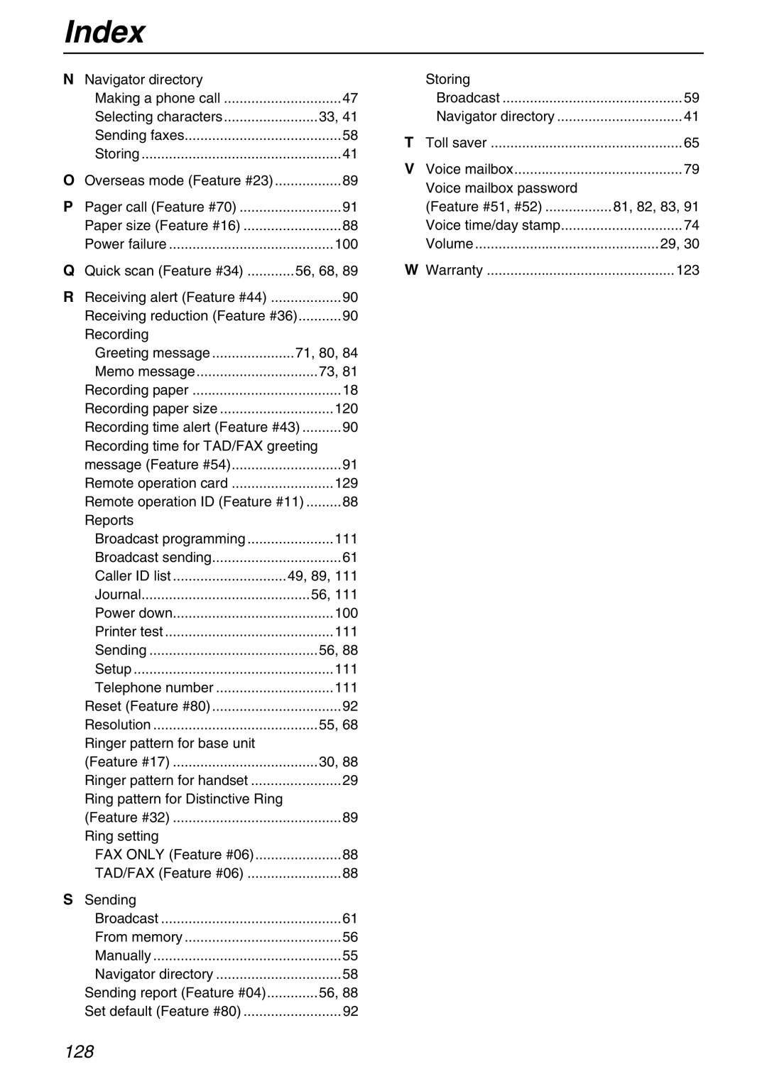 Panasonic KX-FPG371 Navigator directory, 100, 56, 68, 71, 80, 120, Recording time for TAD/FAX greeting, 129, Reports 