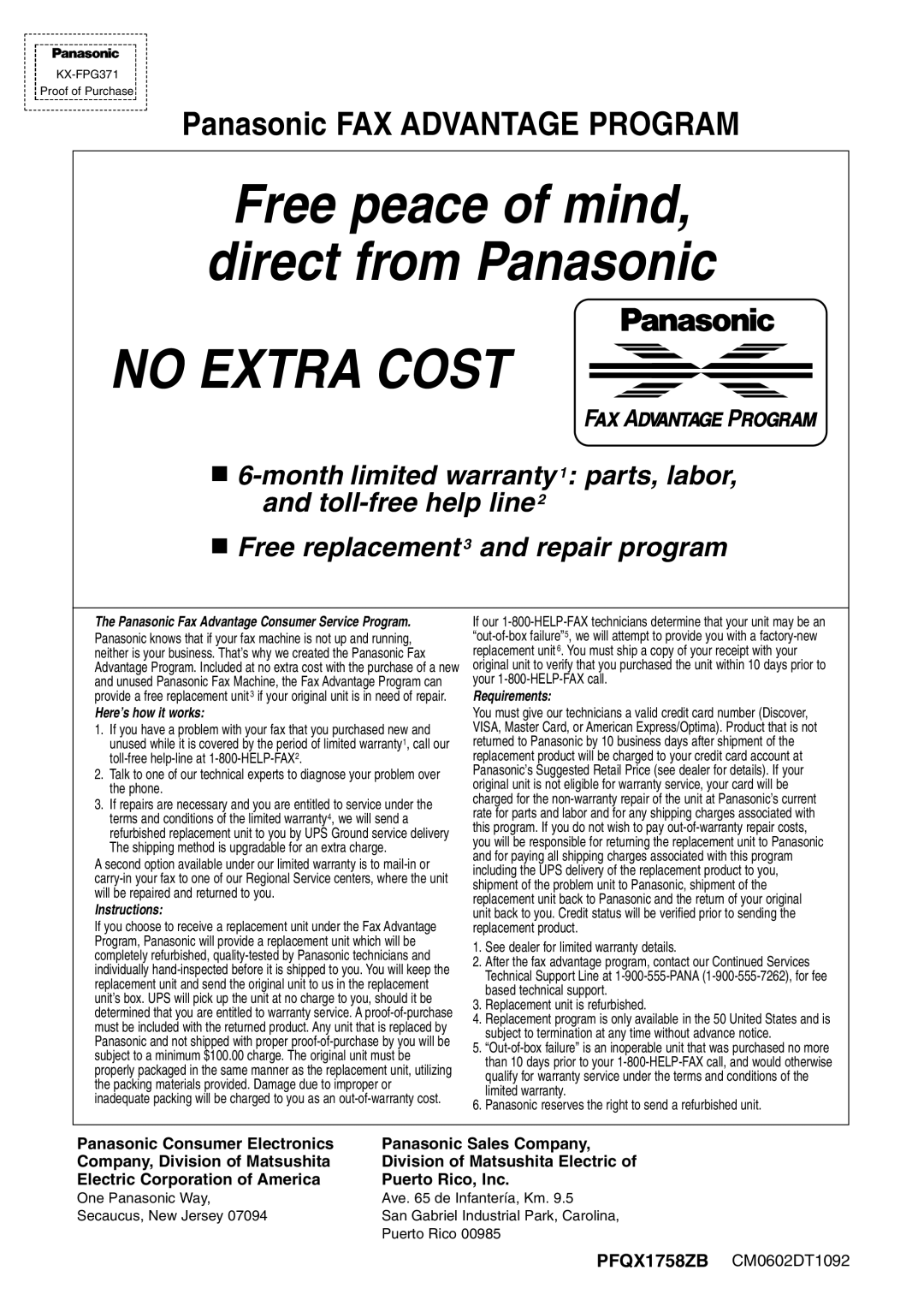 Panasonic KX-FPG371 manual No Extra Cost, Panasonic FAX Advantage Program 