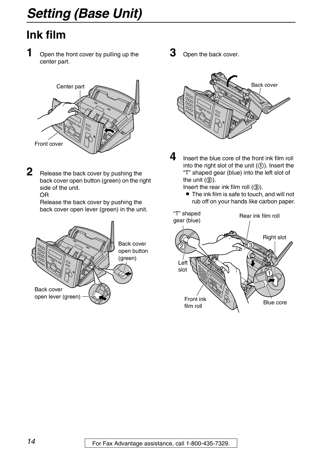 Panasonic KX-FPG371 Setting Base Unit, Ink film, Open the front cover by pulling up the center part, Open the back cover 