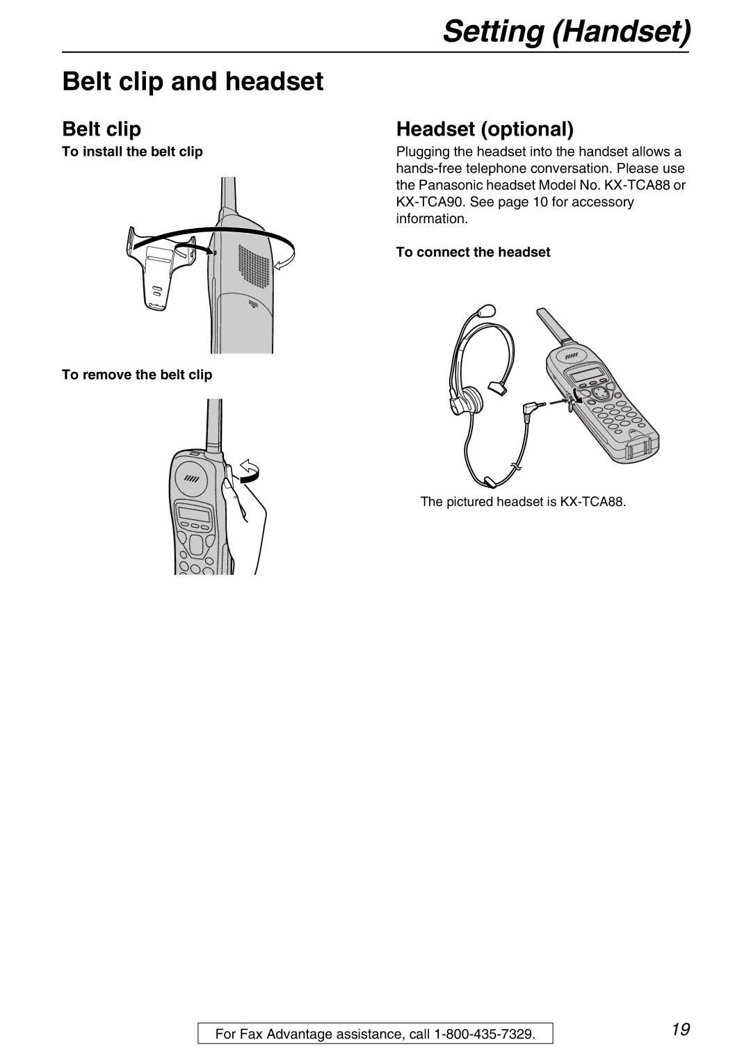 Panasonic KX-FPG371 manual Setting Handset, Belt clip and headset, Belt clip Headset optional 