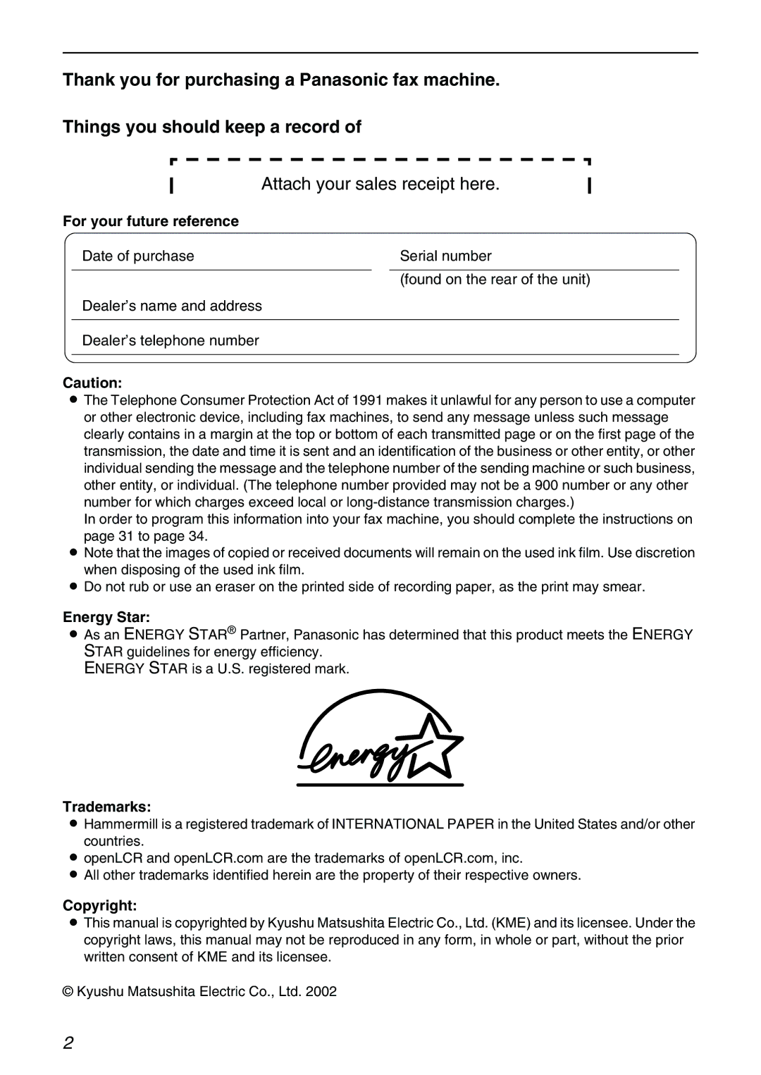 Panasonic KX-FPG371 manual For your future Reference, Energy Star, Trademarks, Copyright 