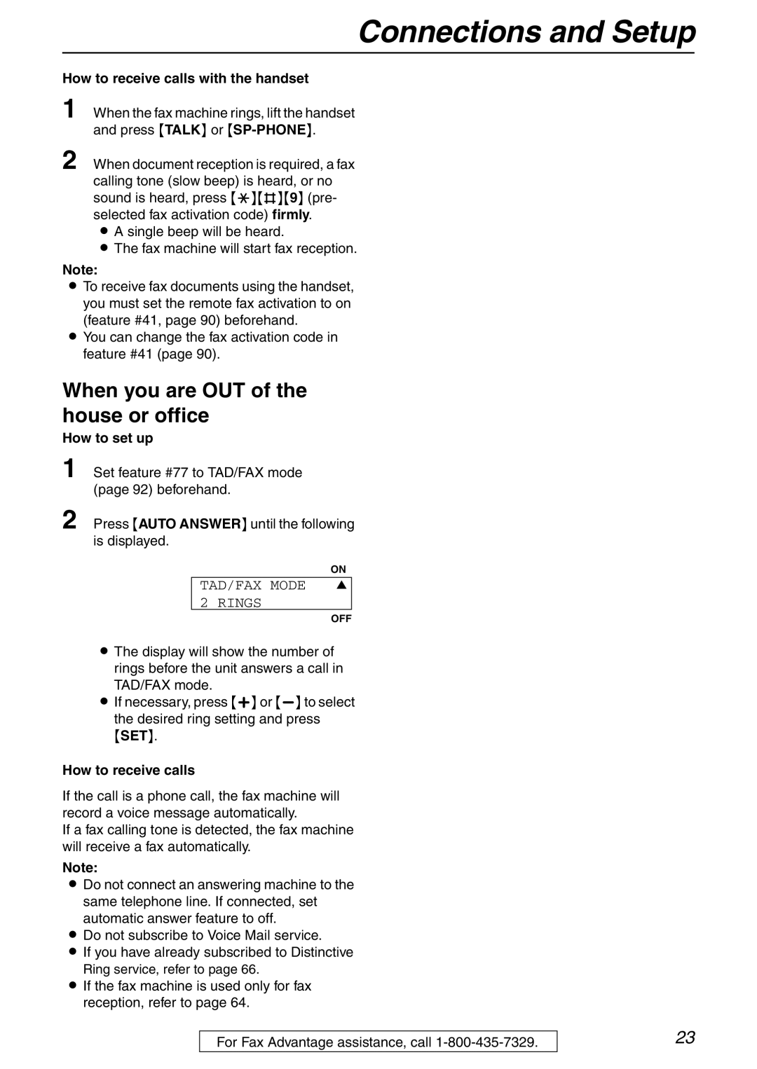 Panasonic KX-FPG371 manual When you are OUT of the house or office, How to receive calls with the handset 