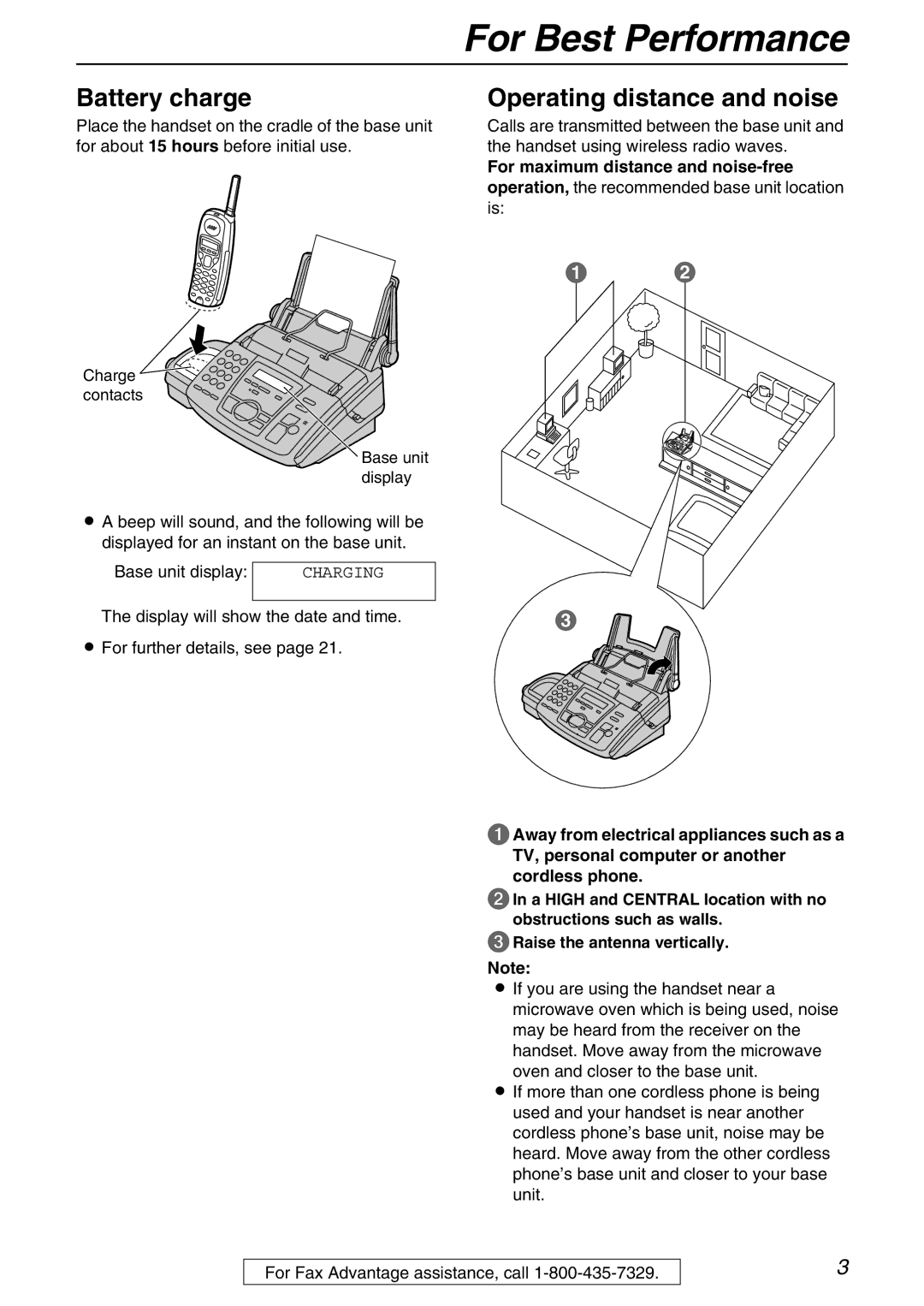 Panasonic KX-FPG371 manual For Best Performance, Battery charge, Operating distance and noise 