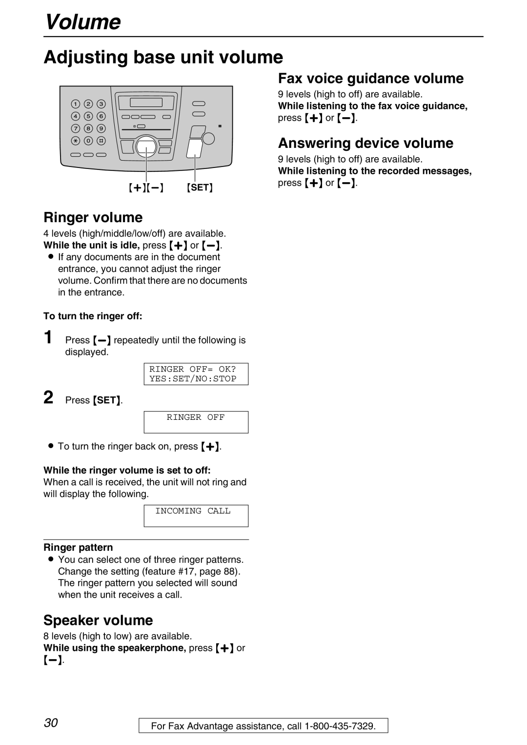 Panasonic KX-FPG371 Adjusting base unit volume, Fax voice guidance volume, Answering device volume, To turn the ringer off 