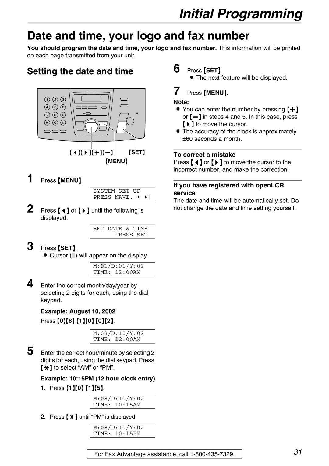 Panasonic KX-FPG371 manual Initial Programming, Date and time, your logo and fax number, Setting the date and time 