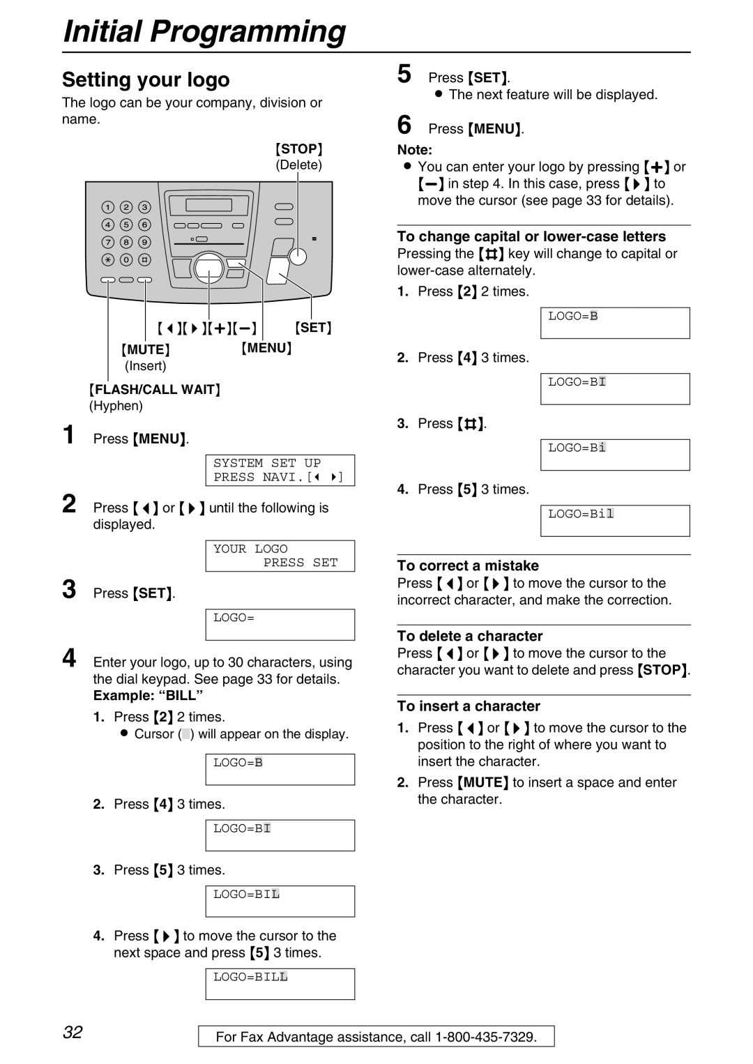 Panasonic KX-FPG371 manual Setting your logo, Example Bill, To change capital or lower-case letters, To delete a character 