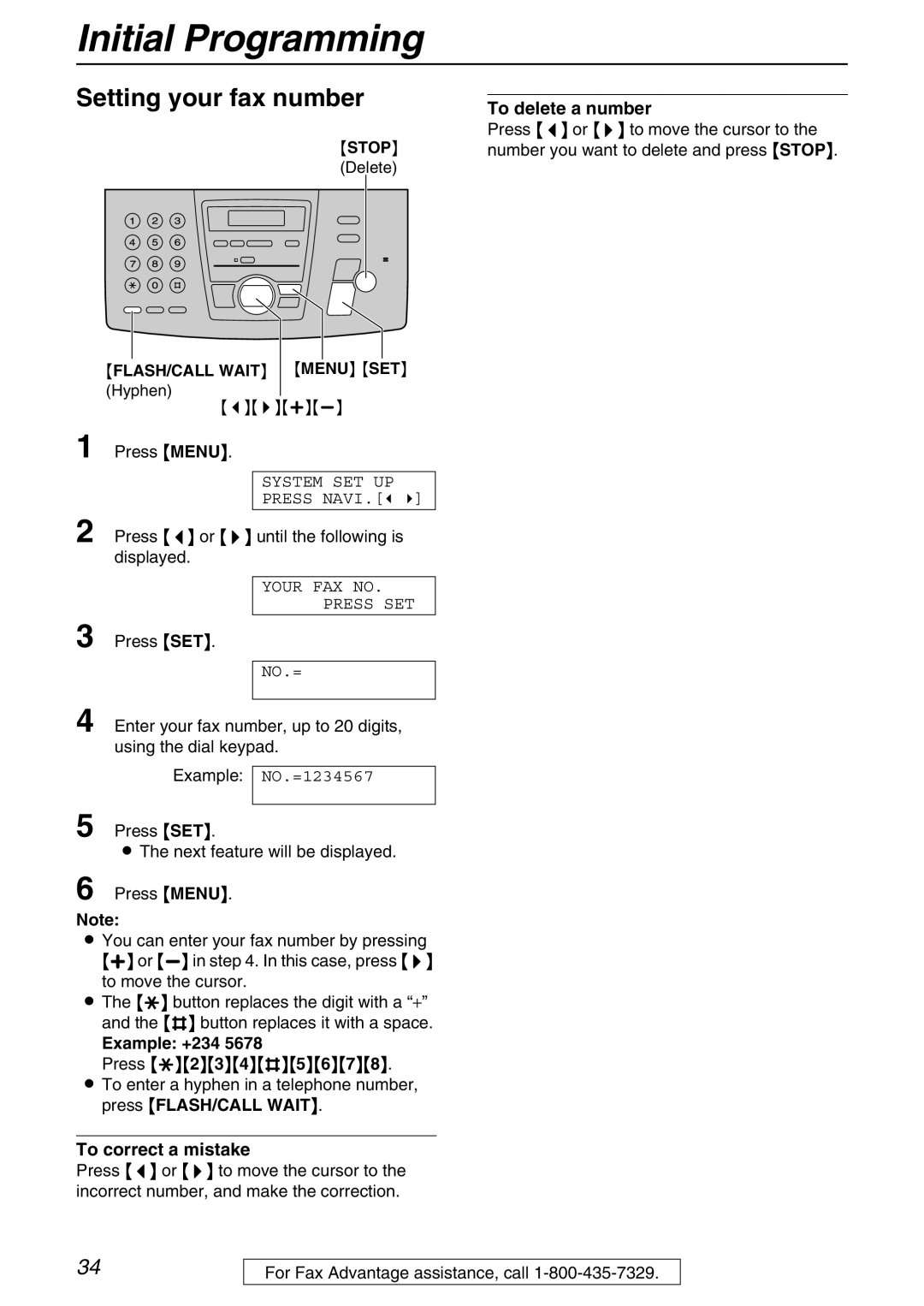 Panasonic KX-FPG371 manual Setting your fax number, Example +234 Press *234#5678, To delete a number 