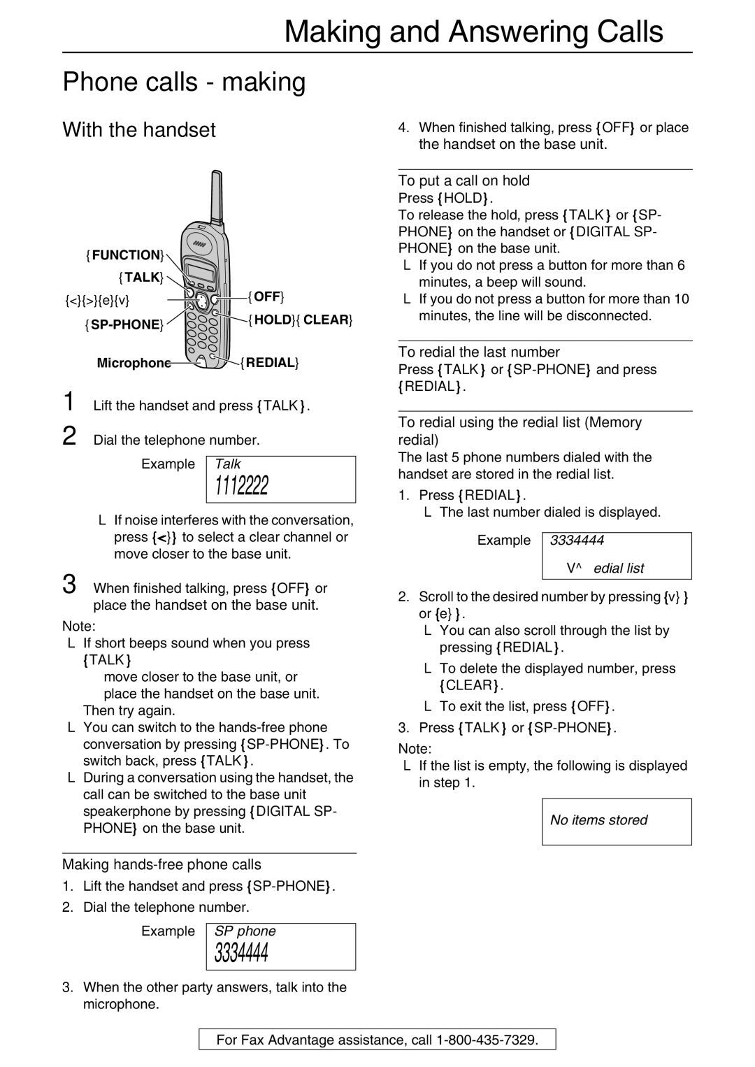 Panasonic KX-FPG371 manual Making and Answering Calls, Phone calls making, With the handset 