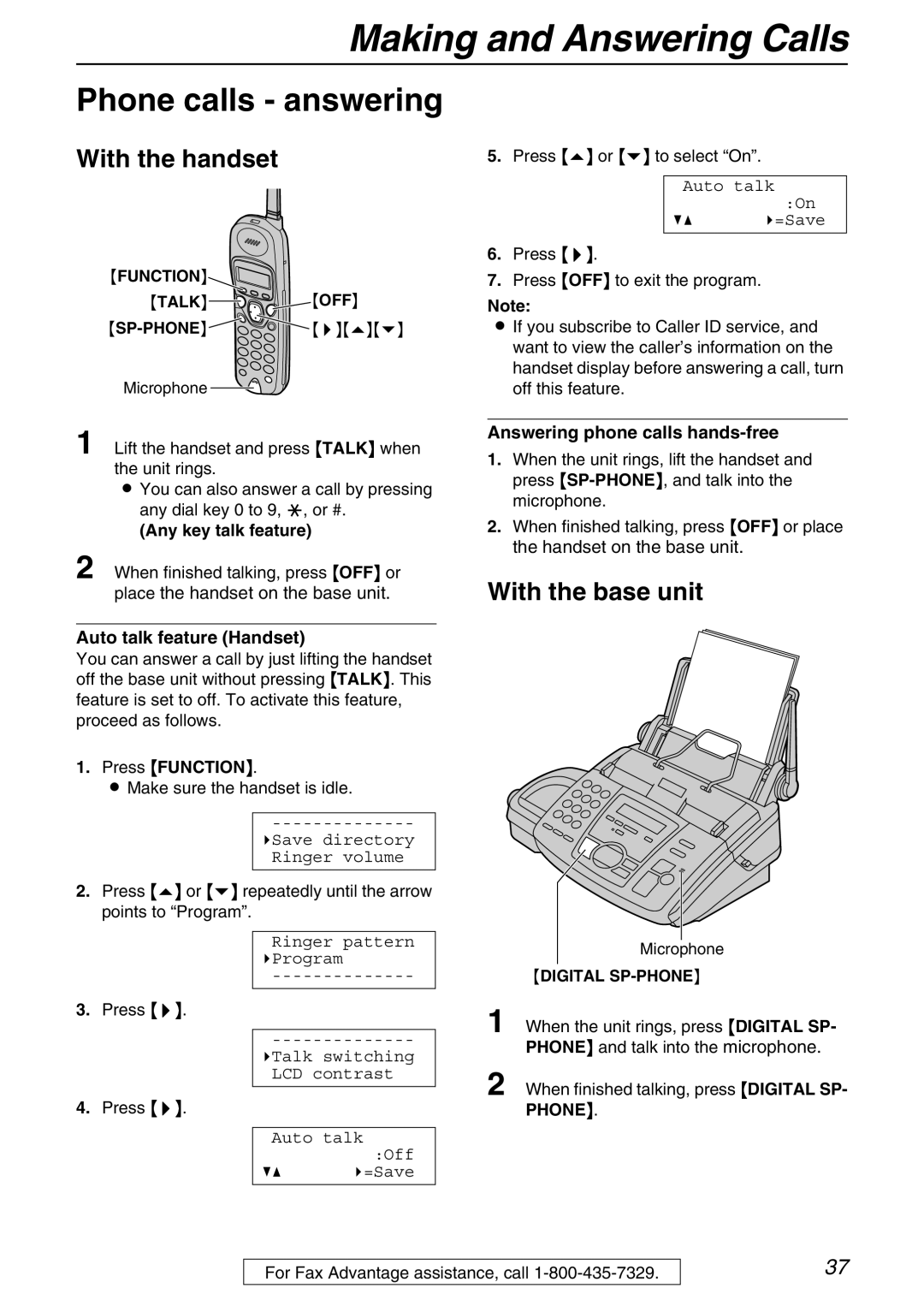 Panasonic KX-FPG371 manual Phone calls answering, Any key talk feature, Auto talk feature Handset 