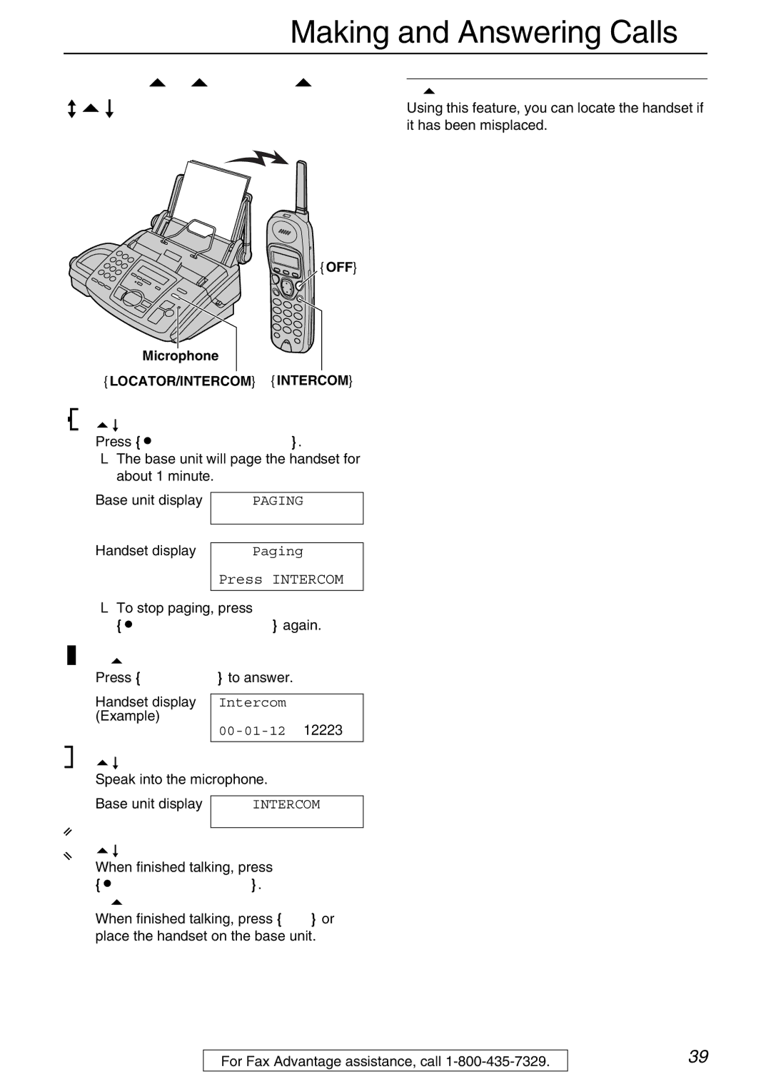 Panasonic KX-FPG371 manual Paging the handset from the base unit, Base unit Press LOCATOR/INTERCOM, Handset locator 