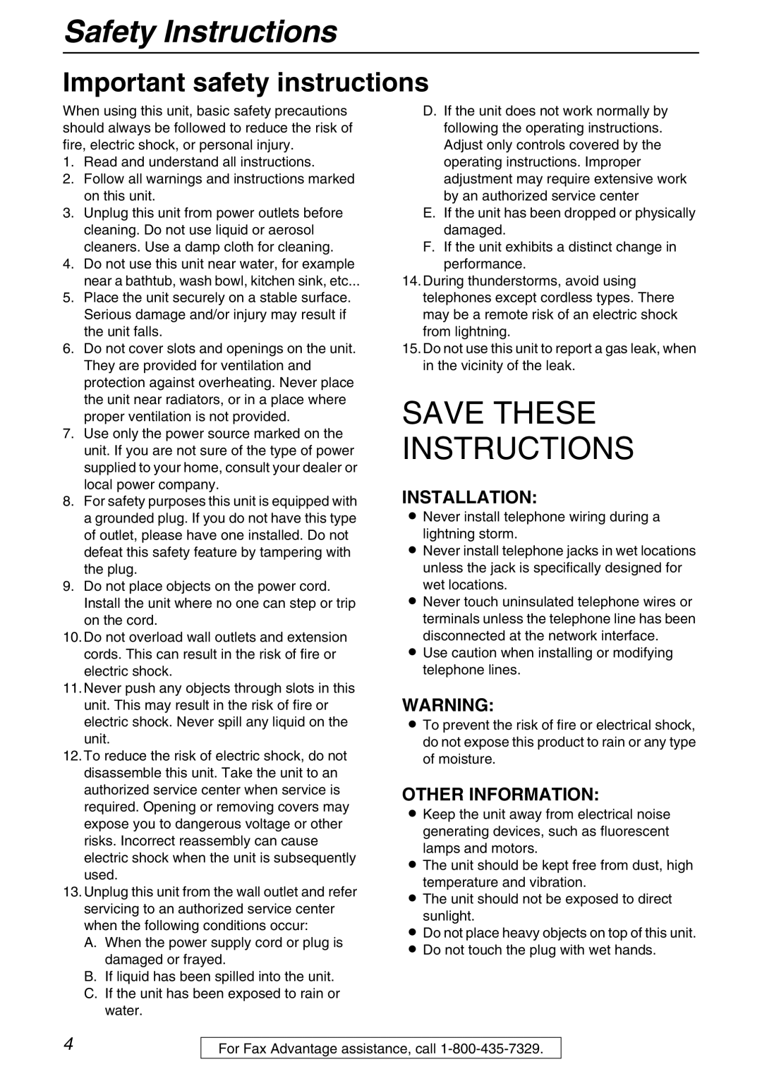 Panasonic KX-FPG371 manual Safety Instructions, Important safety instructions, Wet locations 