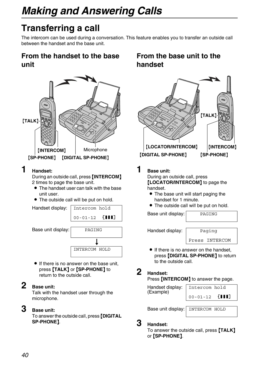 Panasonic KX-FPG371 Transferring a call, From the handset to the base, Unit Handset, LOCATOR/INTERCOM to page the handset 