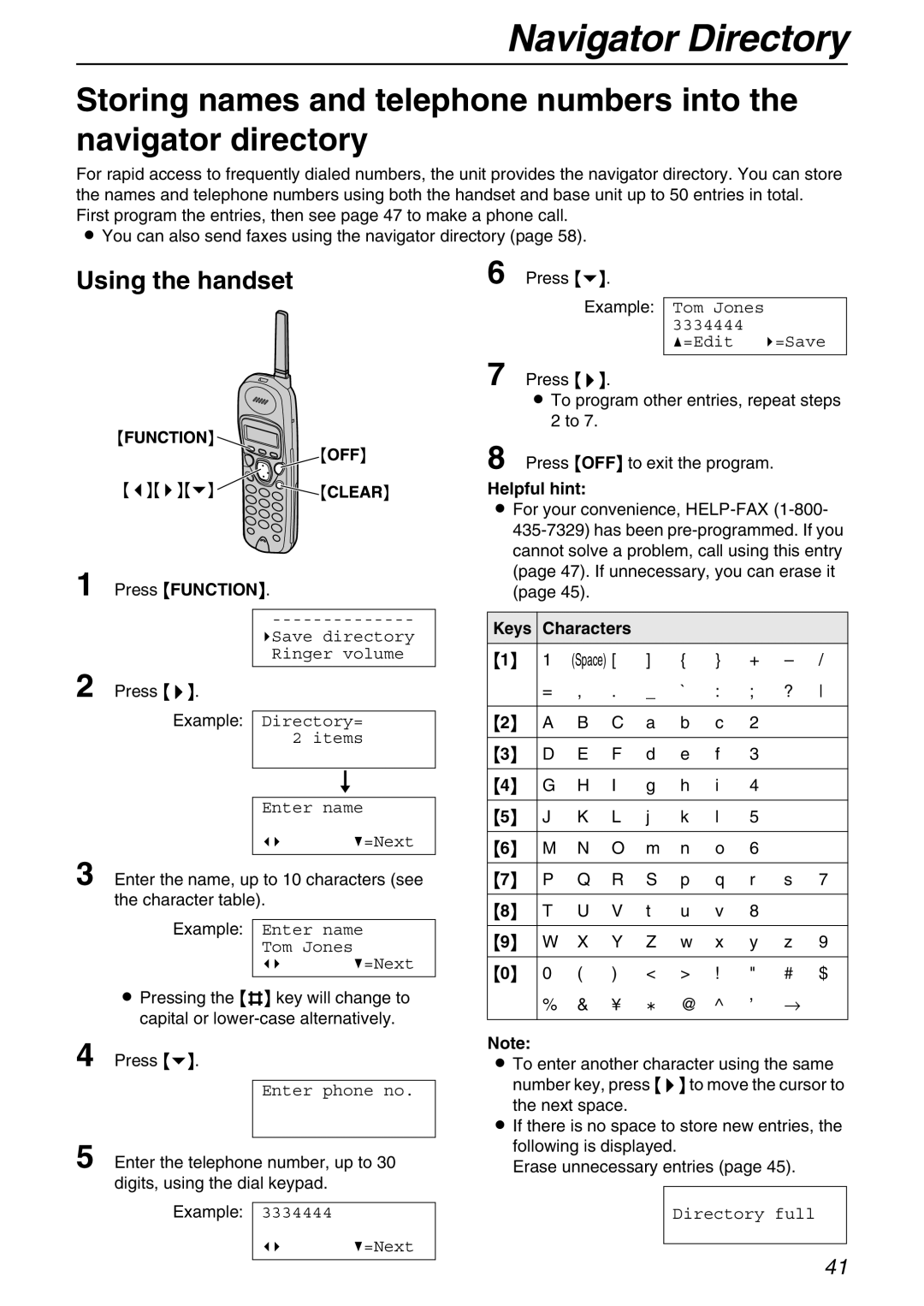 Panasonic KX-FPG371 manual Navigator Directory, Using the handset, Helpful hint 