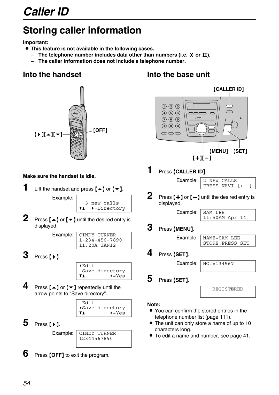 Panasonic KX-FPG371 manual Storing caller information, Into the handset, Into the base unit, Displayed Example Press 