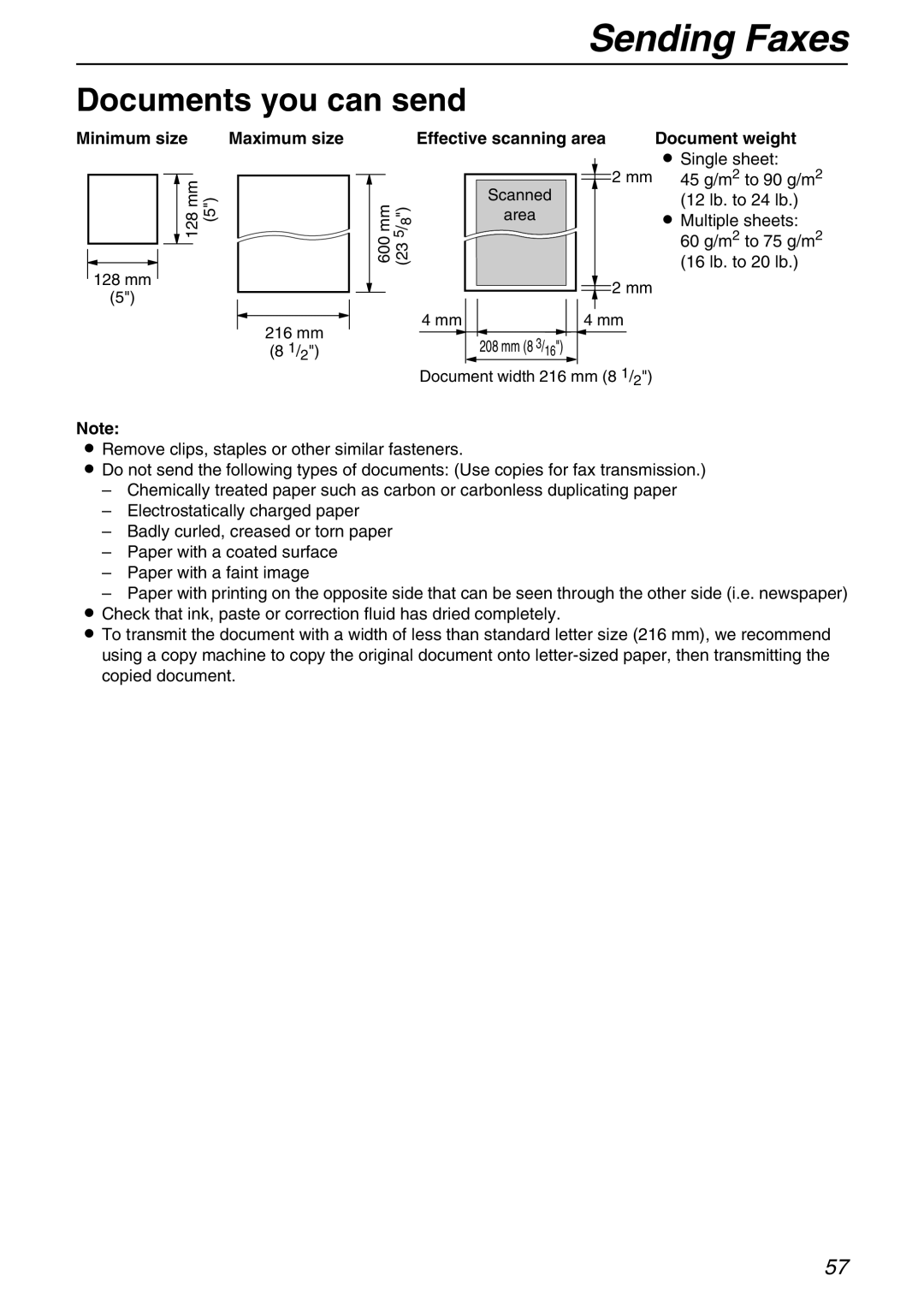 Panasonic KX-FPG371 manual Documents you can send, Minimum size Maximum size, Document weight 