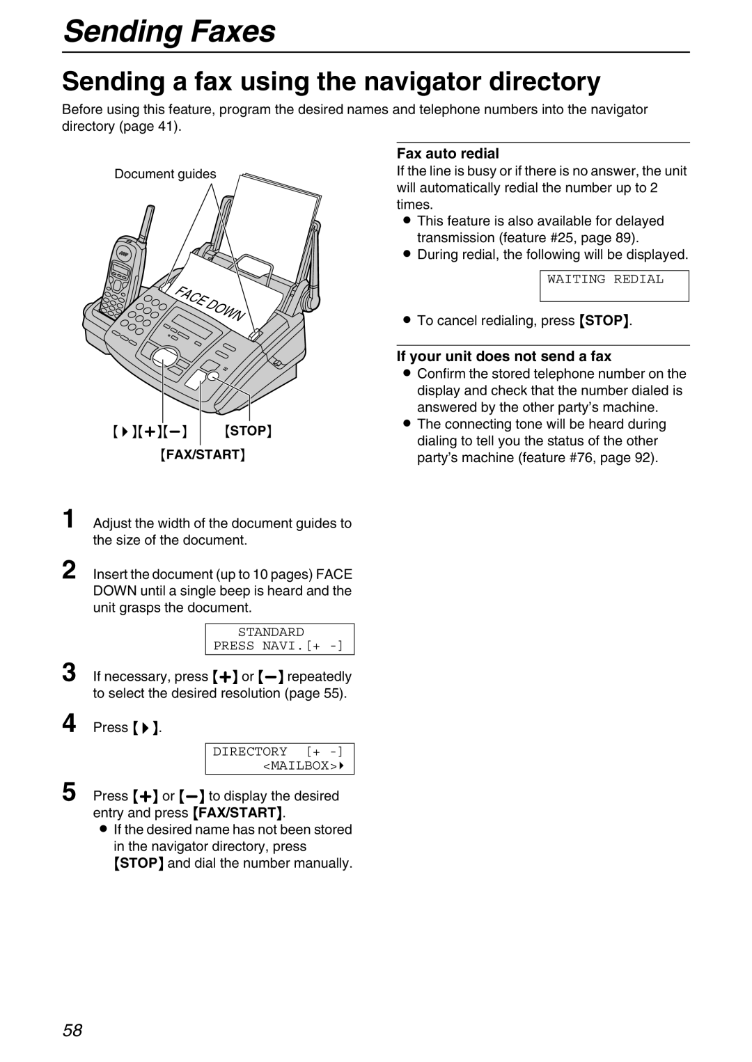 Panasonic KX-FPG371 manual Sending a fax using the navigator directory, Fax auto redial, To cancel redialing, press Stop 