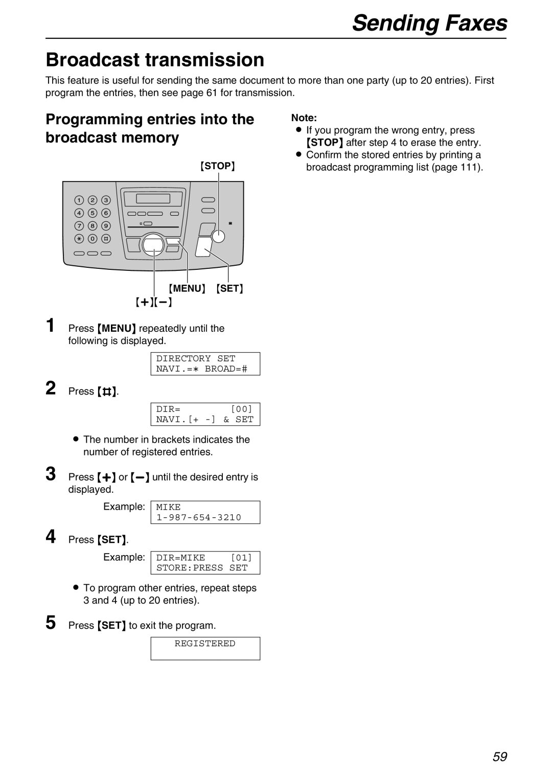 Panasonic KX-FPG371 manual Broadcast transmission, Programming entries into the broadcast memory 