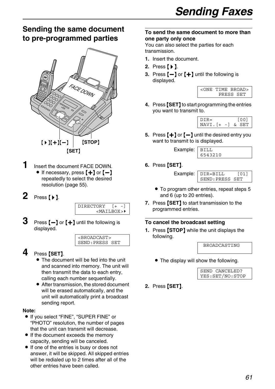 Panasonic KX-FPG371 manual To send the same document to more than one party only once, To cancel the broadcast setting 