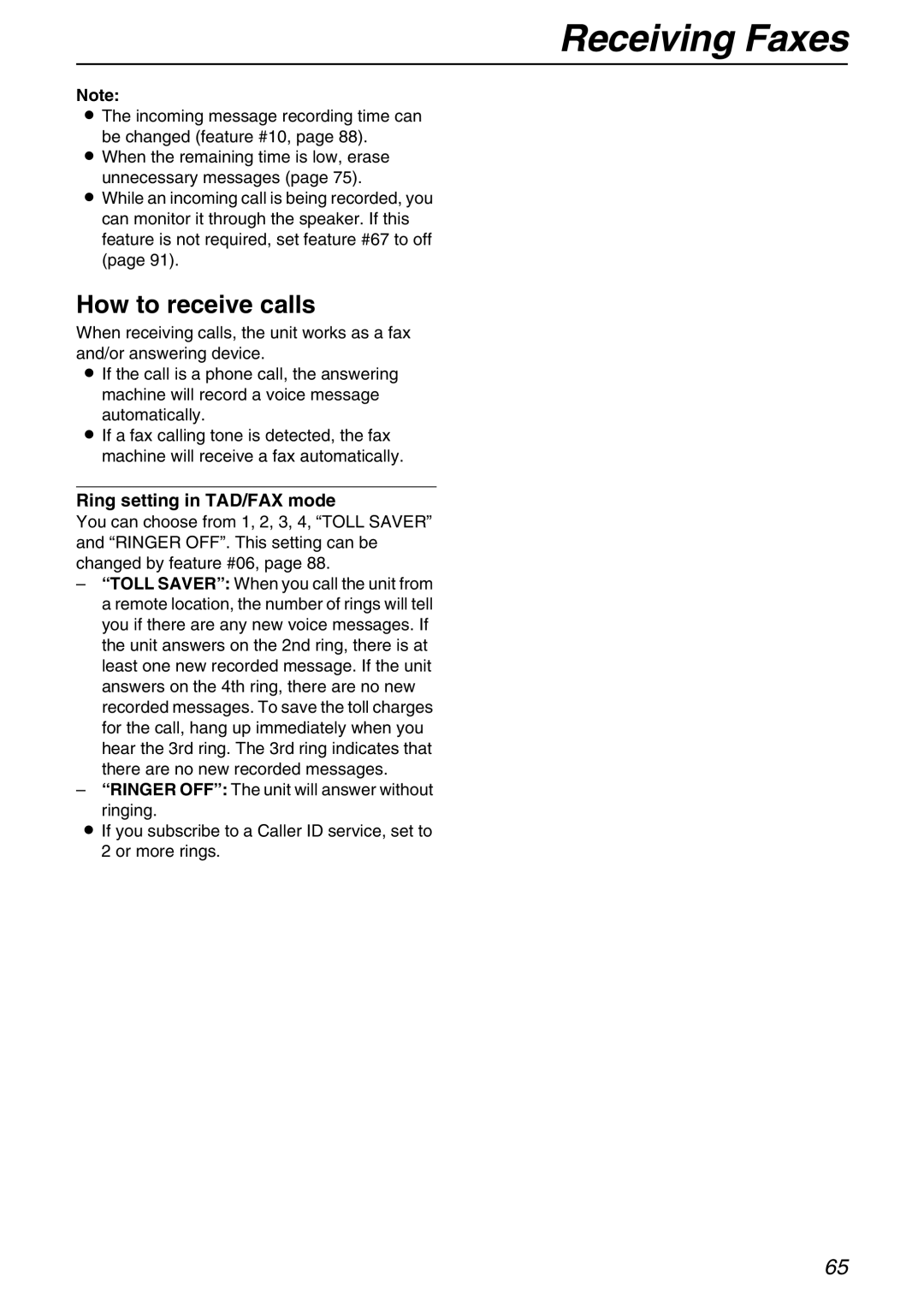 Panasonic KX-FPG371 manual Incoming message recording time can Be changed feature #10, Ring setting in TAD/FAX mode 