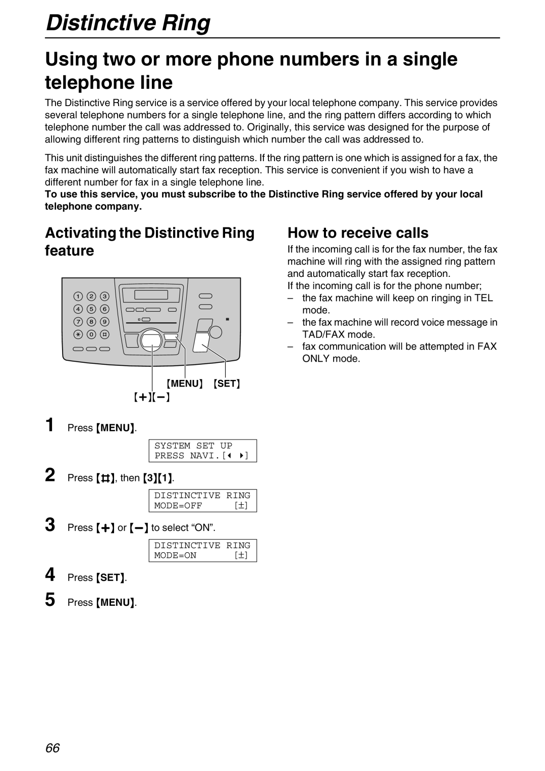 Panasonic KX-FPG371 manual Distinctive Ring, Using two or more phone numbers in a single telephone line 