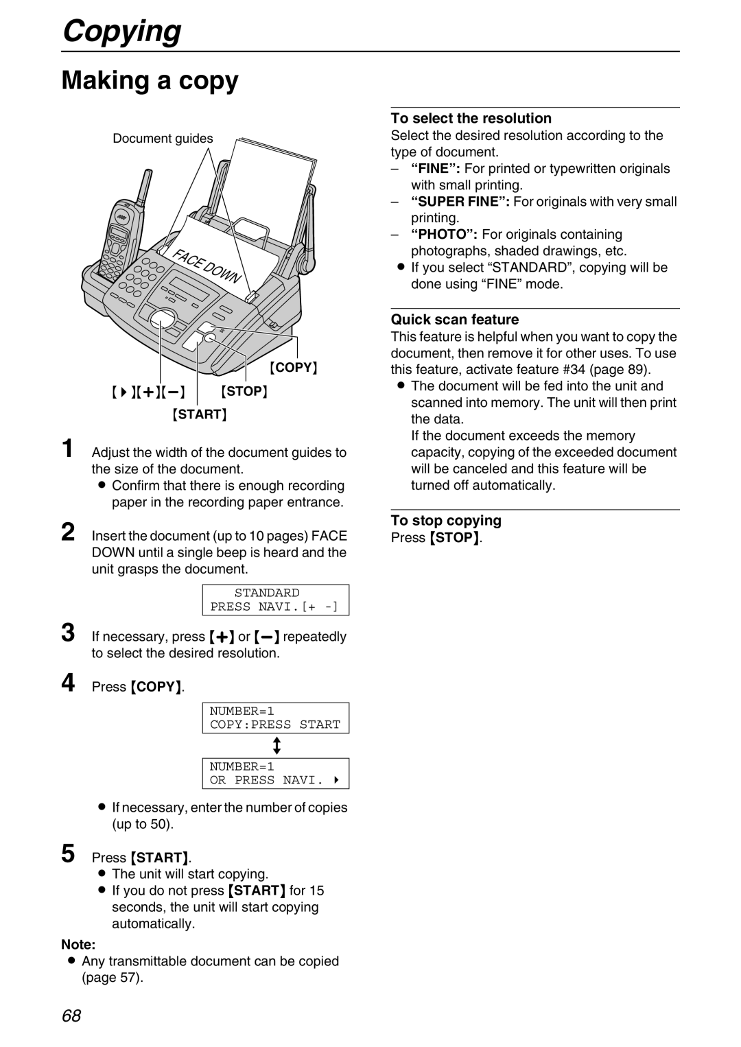 Panasonic KX-FPG371 manual Copying, Making a copy, Quick scan feature, To stop copying 