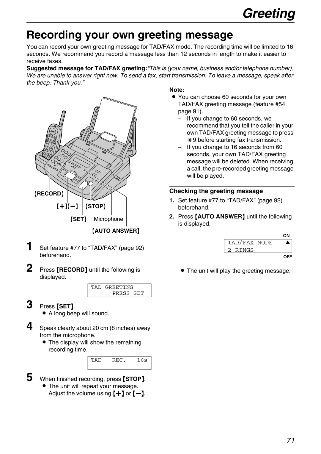 Panasonic KX-FPG371 manual Greeting, Recording your own greeting message, Checking the greeting message 