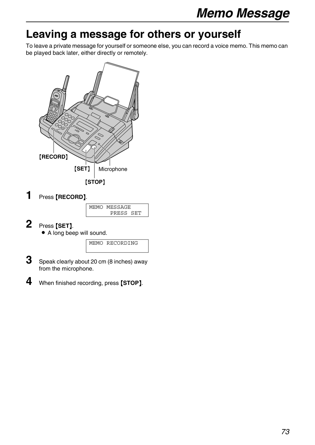 Panasonic KX-FPG371 Memo Message, Leaving a message for others or yourself, Press Record, Press SET Long beep will sound 