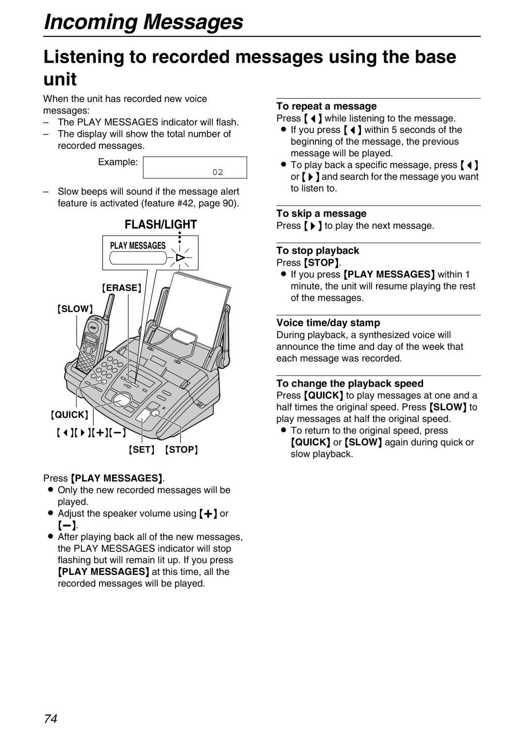 Panasonic KX-FPG371 manual Incoming Messages, Listening to recorded messages using the base Unit 