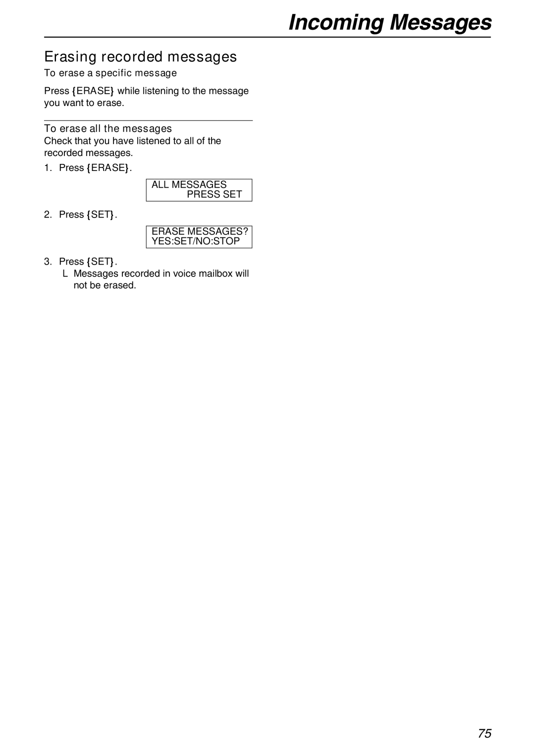 Panasonic KX-FPG371 manual Erasing recorded messages, To erase a specific message, To erase all the messages 