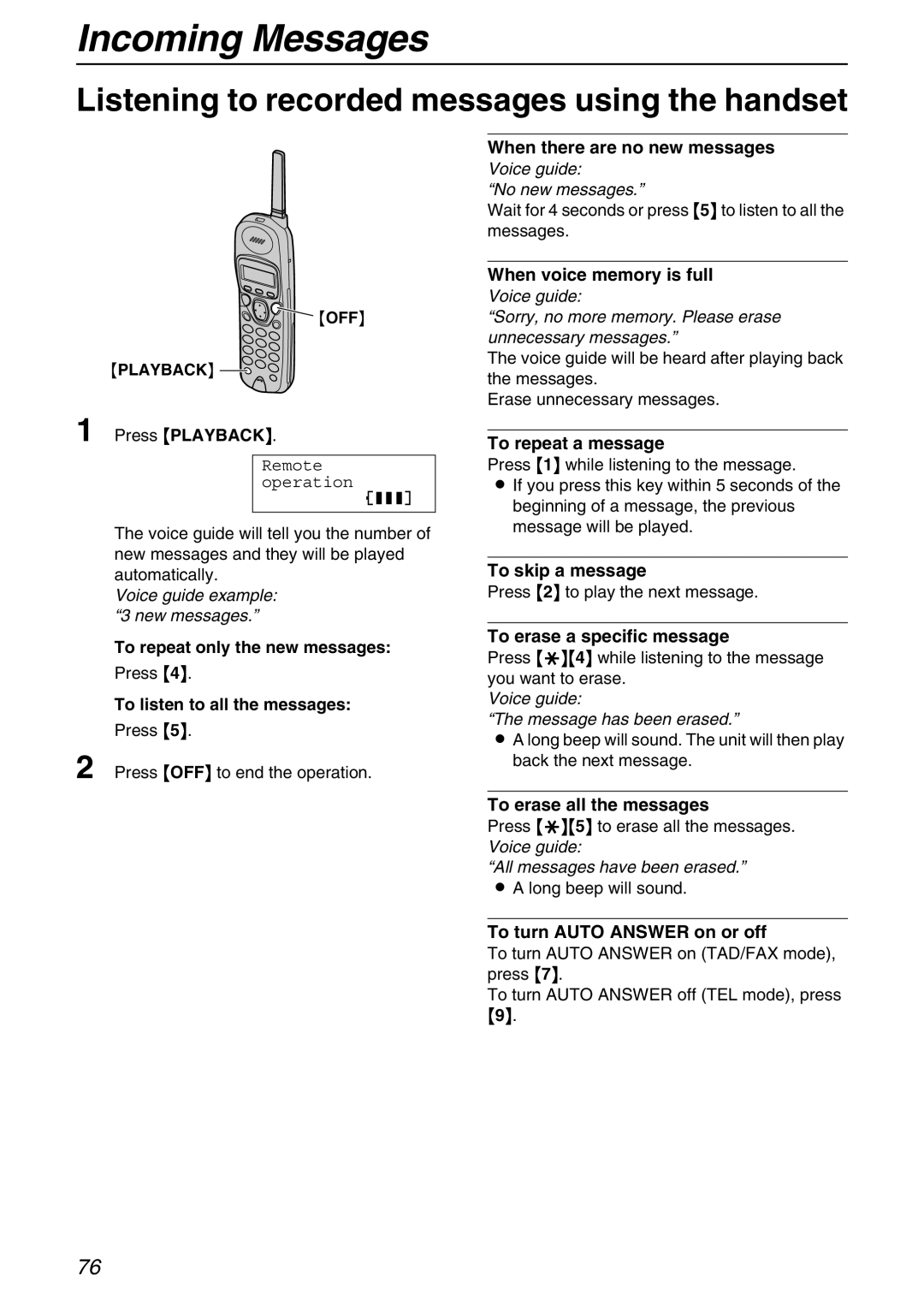 Panasonic KX-FPG371 manual Listening to recorded messages using the handset 