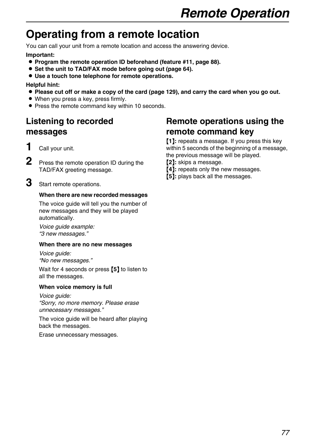 Panasonic KX-FPG371 manual Remote Operation, Operating from a remote location, Listening to recorded messages 