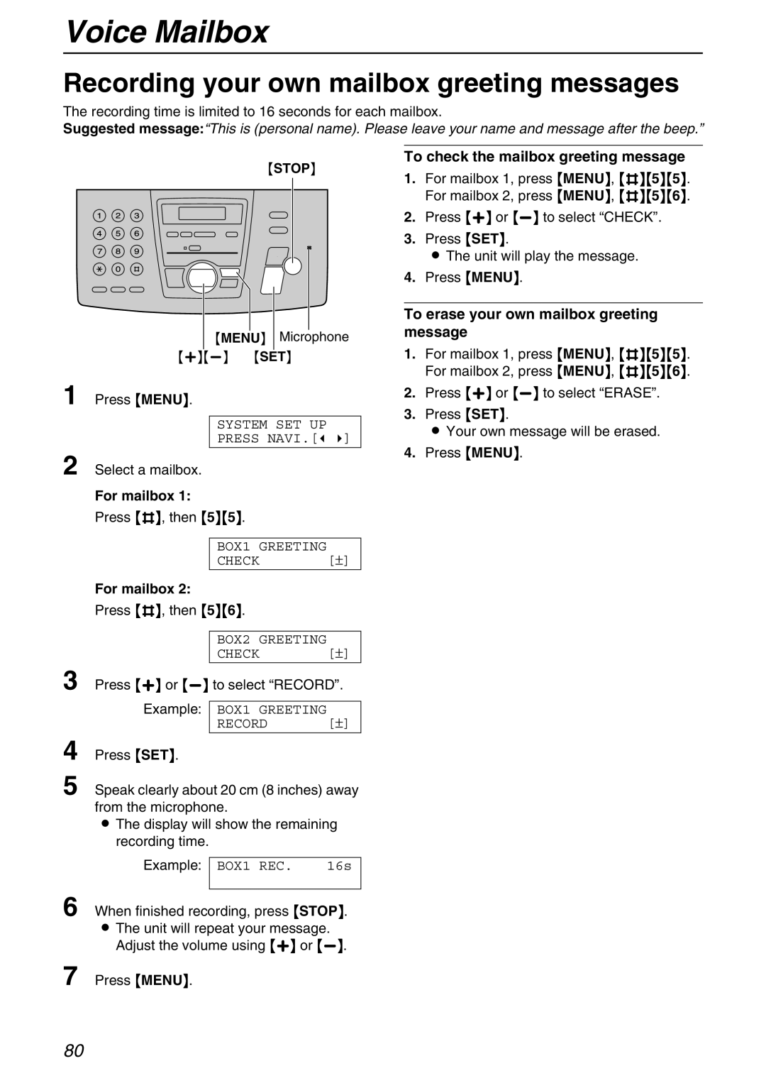 Panasonic KX-FPG371 manual Recording your own mailbox greeting messages, For mailbox, To check the mailbox greeting message 