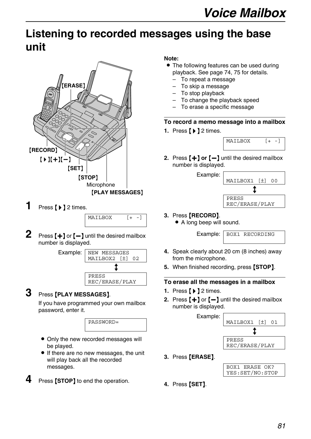 Panasonic KX-FPG371 manual To record a memo message into a mailbox, Press 2 times, Example Press Record 