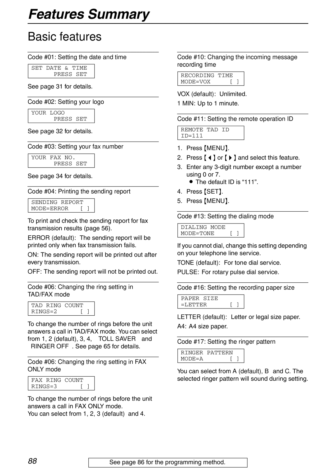 Panasonic KX-FPG371 manual Basic features 