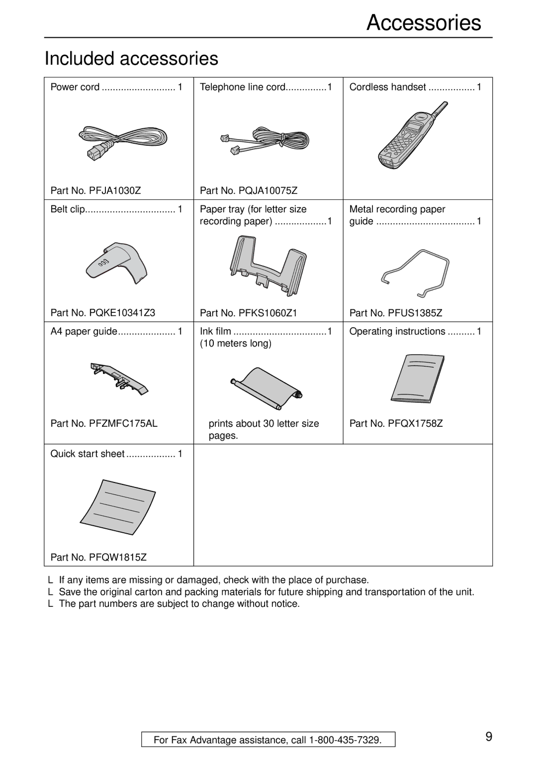 Panasonic KX-FPG371 manual Accessories, Included accessories, Part No. PFJA1030Z Part No. PQJA10075Z 