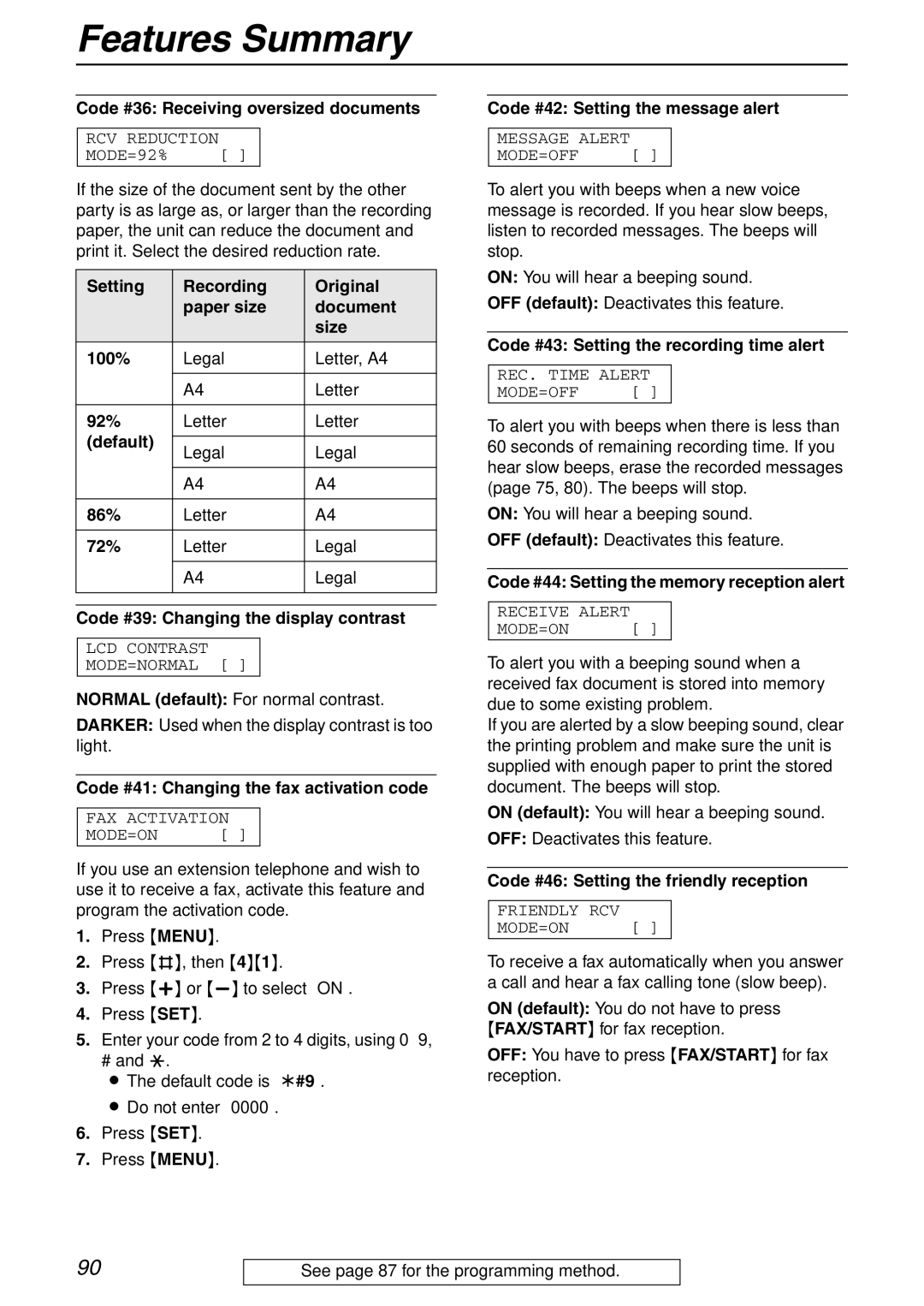 Panasonic KX-FPG371 manual Code #36 Receiving oversized documents, Code #39 Changing the display contrast 