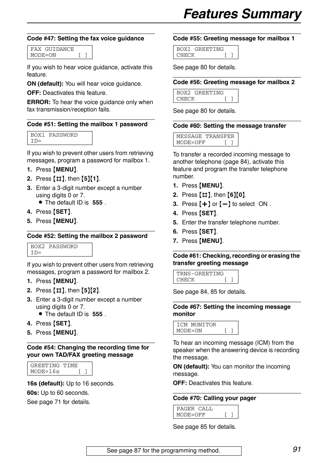 Panasonic KX-FPG371 manual Code #47 Setting the fax voice guidance, Code #51 Setting the mailbox 1 password 