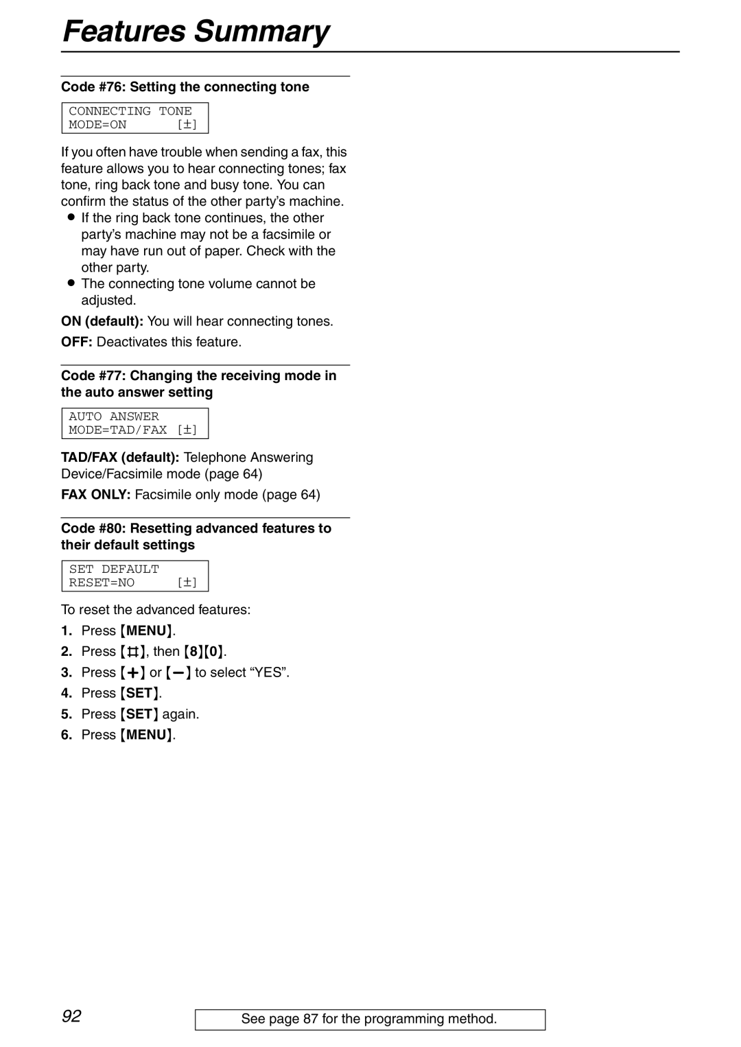 Panasonic KX-FPG371 manual Code #76 Setting the connecting tone, FAX only Facsimile only mode 