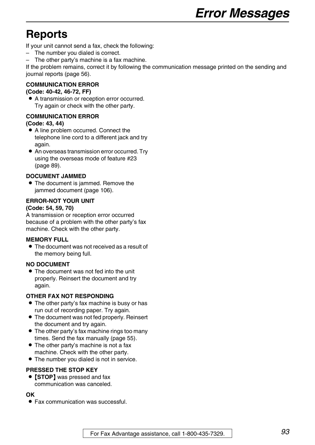 Panasonic KX-FPG371 manual Error Messages, Reports, Communication Error Code 40-42, 46-72, FF, Communication Error Code 43 