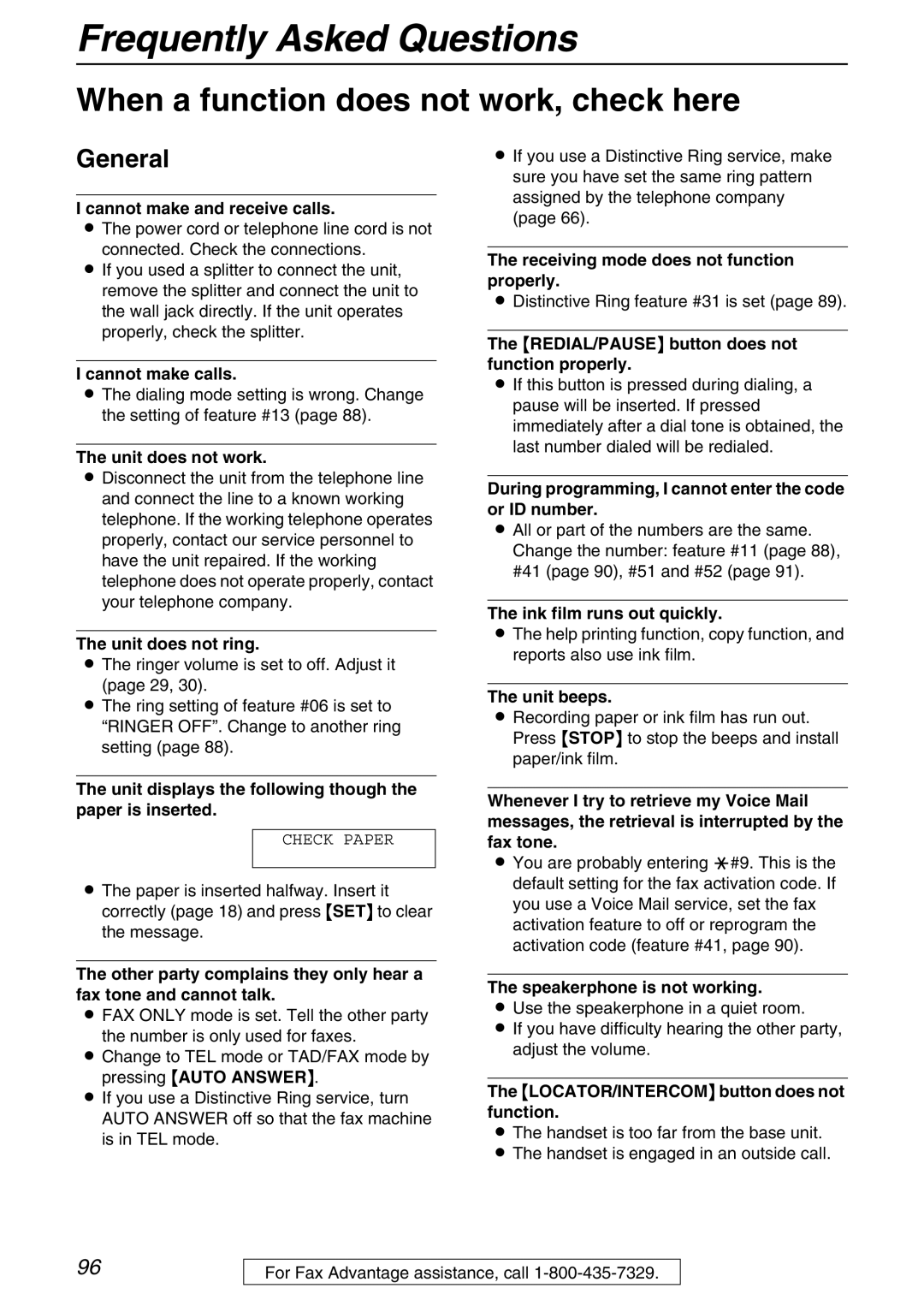 Panasonic KX-FPG371 manual Frequently Asked Questions, When a function does not work, check here, General 