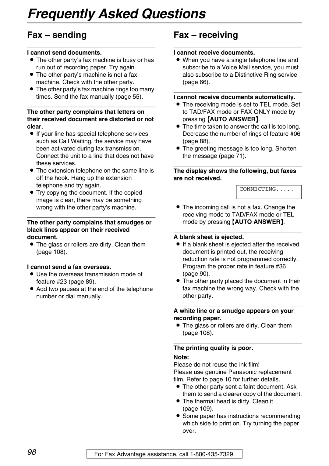 Panasonic KX-FPG371 manual Fax sending, Fax receiving 