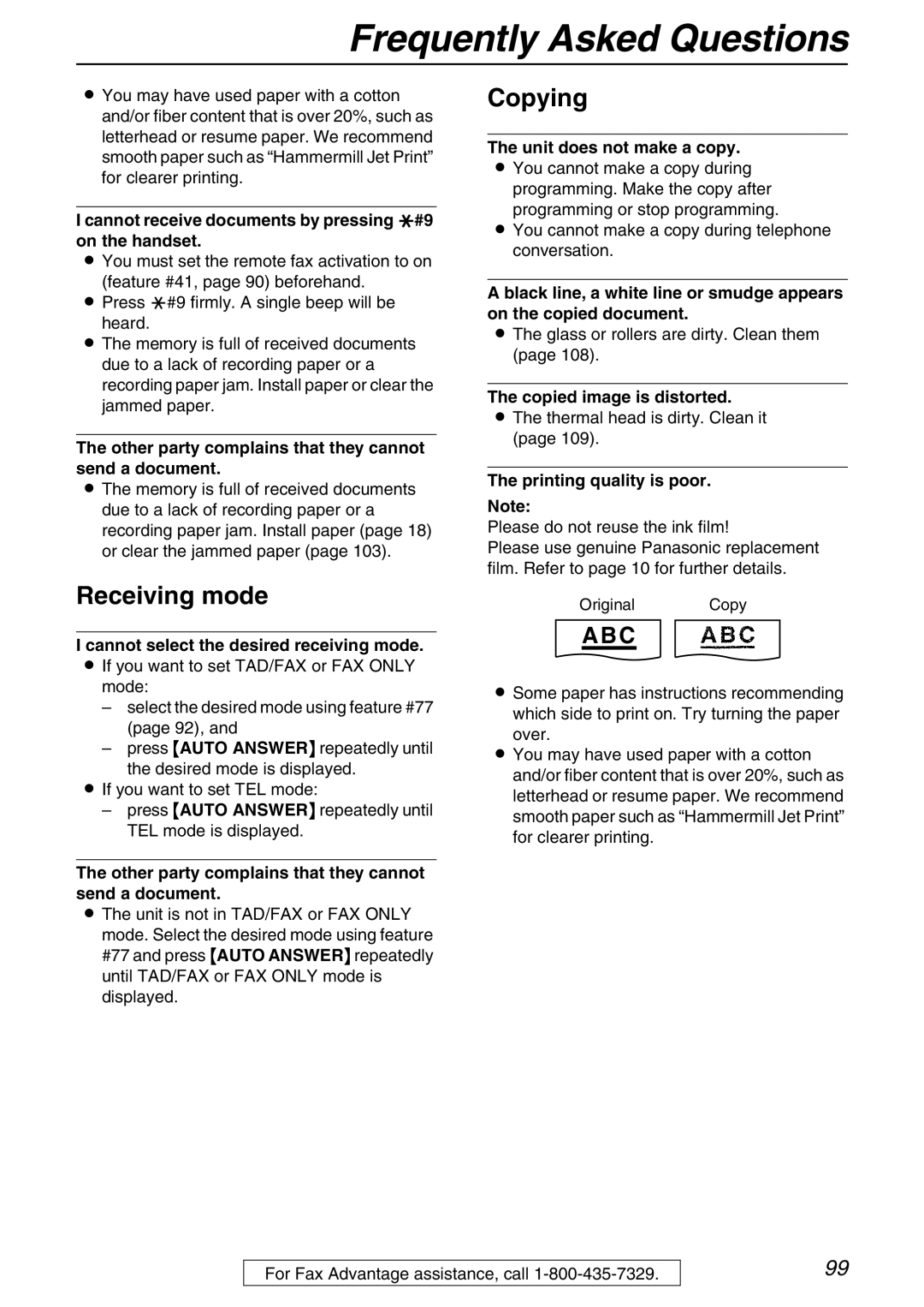 Panasonic KX-FPG371 manual Receiving mode, Copying 