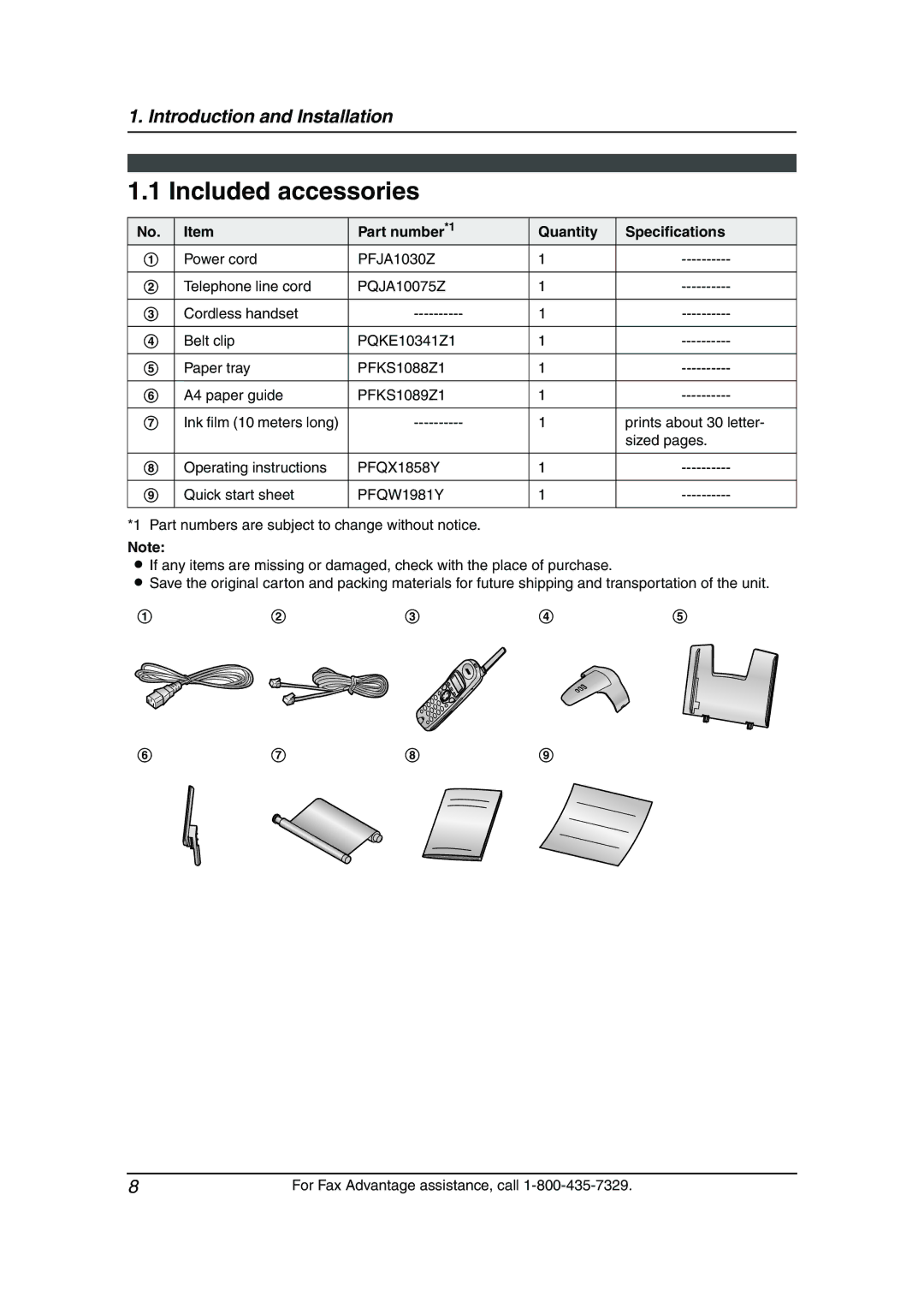 Panasonic KX-FPG376, KX-FPG377 Included accessories, Part number*1 Quantity Specifications, Power cord, Quick start sheet 