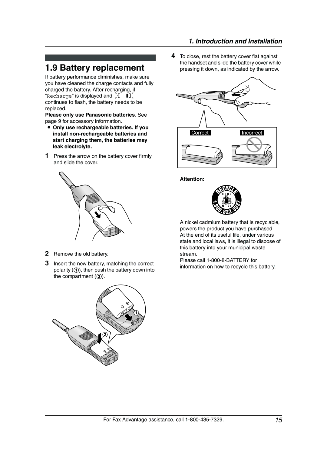 Panasonic KX-FPG377, KX-FPG376 manual Battery replacement, CorrectIncorrect 