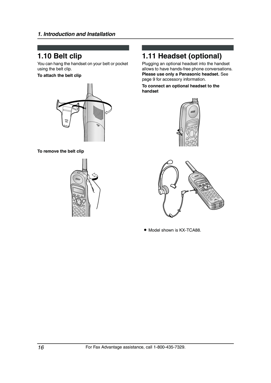 Panasonic KX-FPG376 Belt clip, Headset optional, To attach the belt clip To remove the belt clip, Model shown is KX-TCA88 