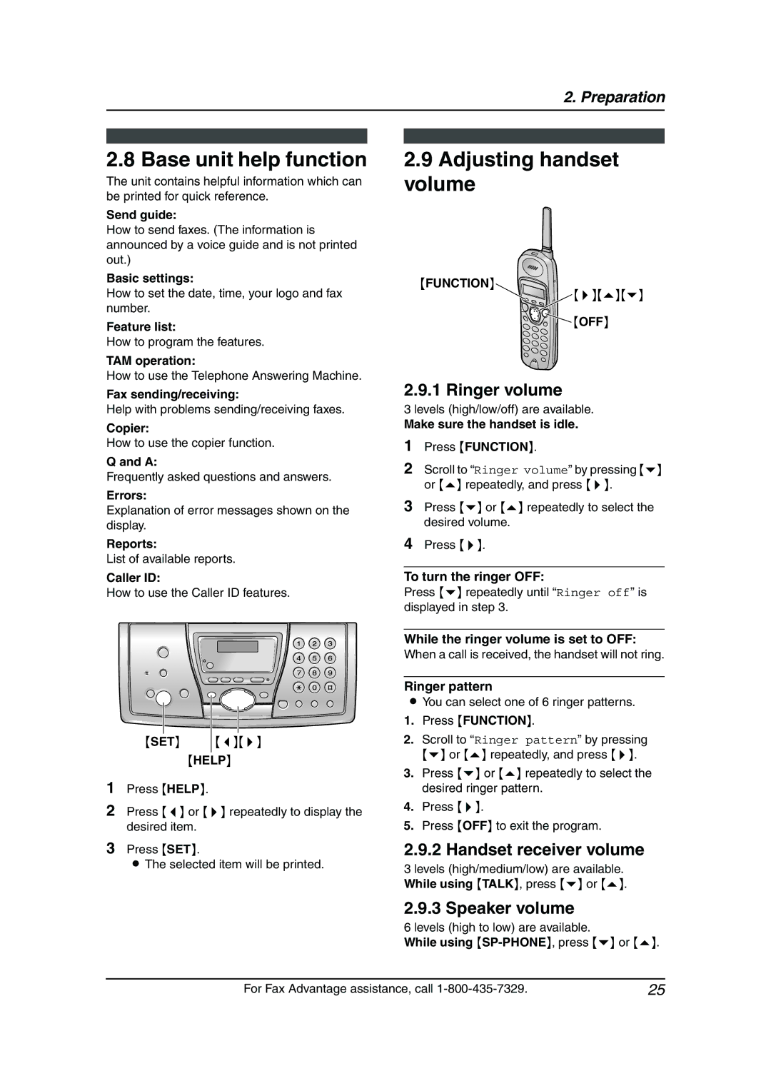 Panasonic KX-FPG377, KX-FPG376 Base unit help function, Adjusting handset volume, Ringer volume, Handset receiver volume 