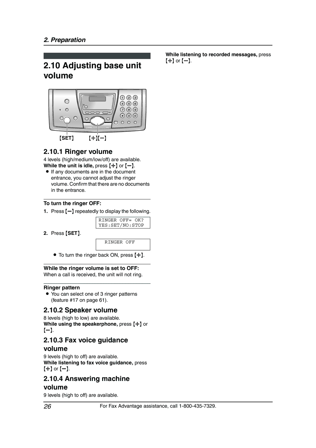 Panasonic KX-FPG376, KX-FPG377 manual Adjusting base unit volume, Fax voice guidance volume, Answering machine volume 