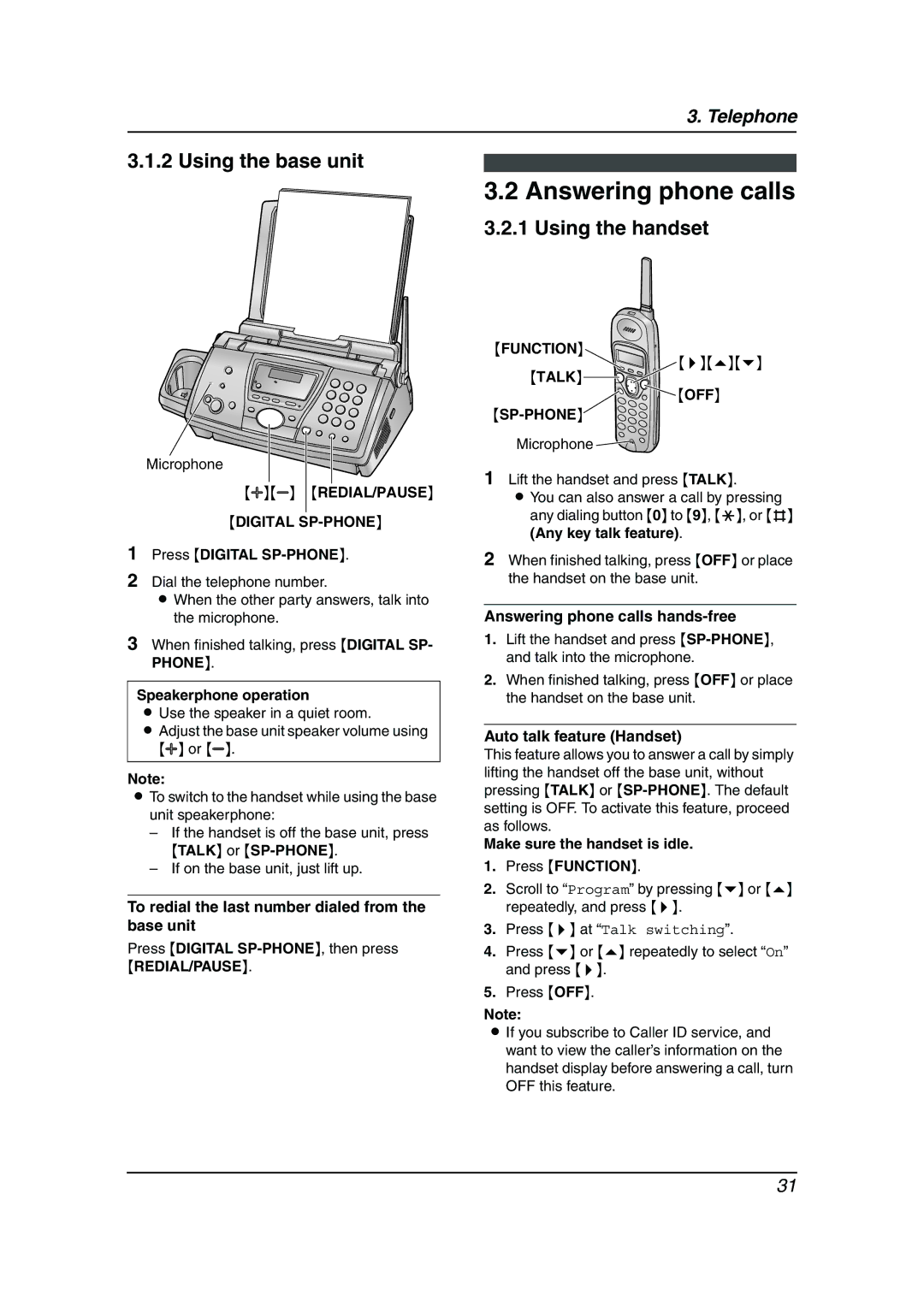 Panasonic KX-FPG377, KX-FPG376 manual Answering phone calls, Using the base unit, AB REDIAL/PAUSE Digital SP-PHONE 